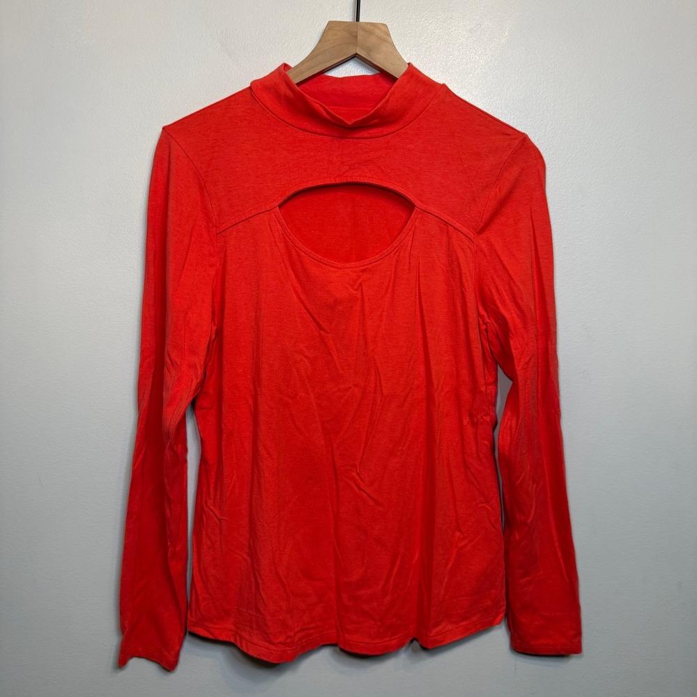 Candace Cameron Bure Red Long Sleeve Keyhole Mock Neck Top Women's Medium